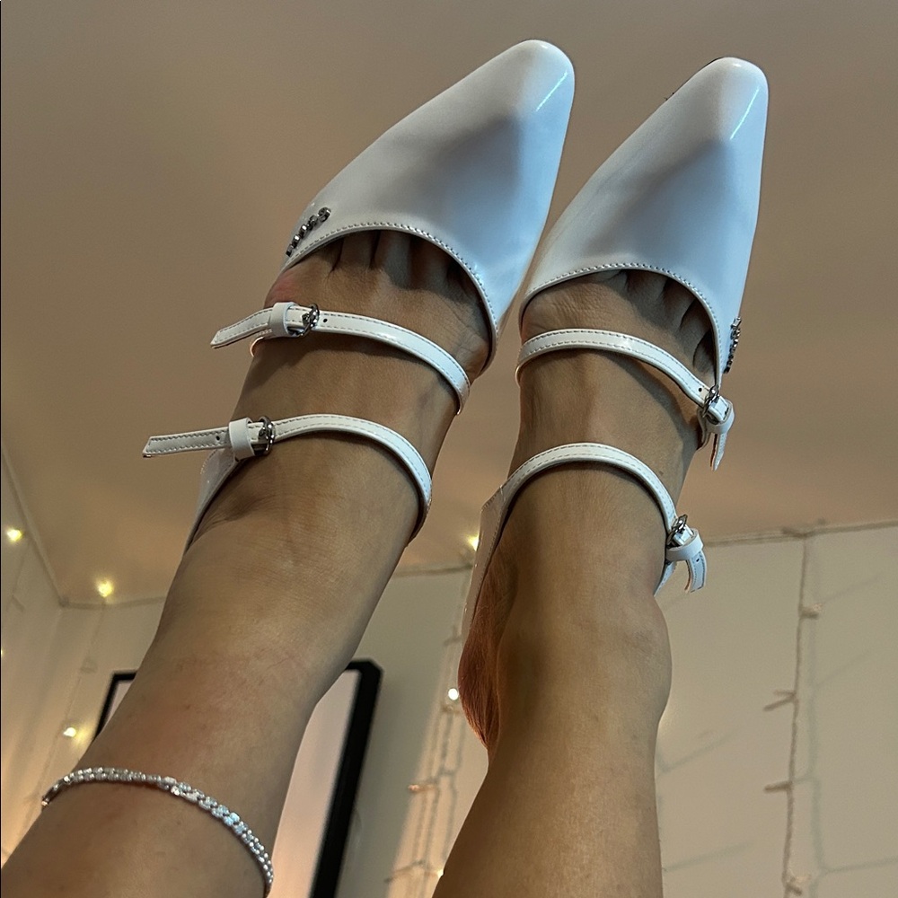 White GENUINE LEATHER patent Pointed Coffin Heel Mule Wedge Lucite 6 womens